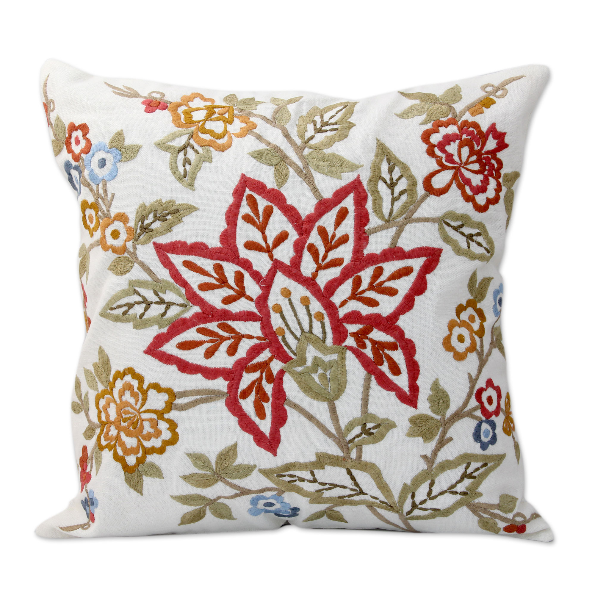 Embroidered Square Cotton Cushion Covers (Pair) - Jaipur Meadow | NOVICA