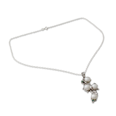 Cultured pearl and emerald pendant necklace, 'Gardenia Bouquet' - Artisan Crafted Cultured Pearl and Emerald Necklace
