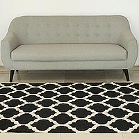 Wool dhurrie rug, 'Palace Tiles' (5x8) - Black and White India Handwoven Wool Dhurrie Rug (5 x 8)