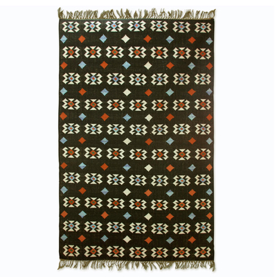 Black Wool Dhurrie Area Rug Handwoven in India