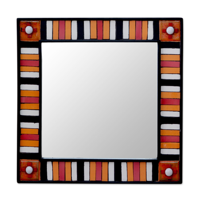 Wall mirror, 'Sunshine Reflection' - Square Wall Mirror and Frame Artisan Crafted Ceramic