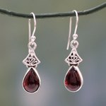 Garnet dangle earrings, 'Crimson Morn' - Garnet Earrings in Sterling Silver from India
