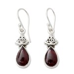 Garnet dangle earrings, 'Crimson Morn' - Garnet Earrings in Sterling Silver from India