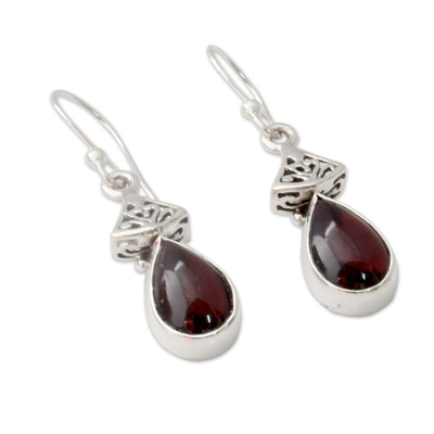 Garnet dangle earrings, 'Crimson Morn' - Garnet Earrings in Sterling Silver from India
