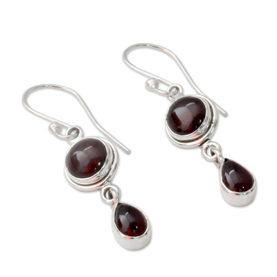 Garnet dangle earrings, 'Crimson Glow' - Garnet and Sterling Silver Earrings Handmade in India