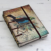 Diario de papel hecho a mano, 'Mensaje en canción' - Diario de papel hecho a mano con tema de pájaro rústico