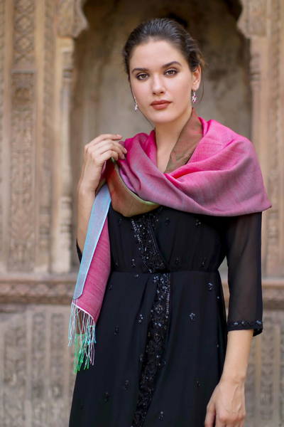 Silk and wool shawl, 'Tutti Frutti' - Women's Multicolor Shawl in Wool and Silk from India