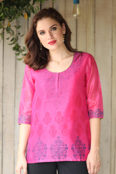 Chanderi cotton silk blend tunic, 'Fabulous in Fuchsia' - Chanderi Tunic Hand Block Printed Cotton Silk Blend