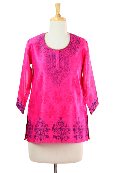 Chanderi cotton silk blend tunic, 'Fabulous in Fuchsia' - Chanderi Tunic Hand Block Printed Cotton Silk Blend