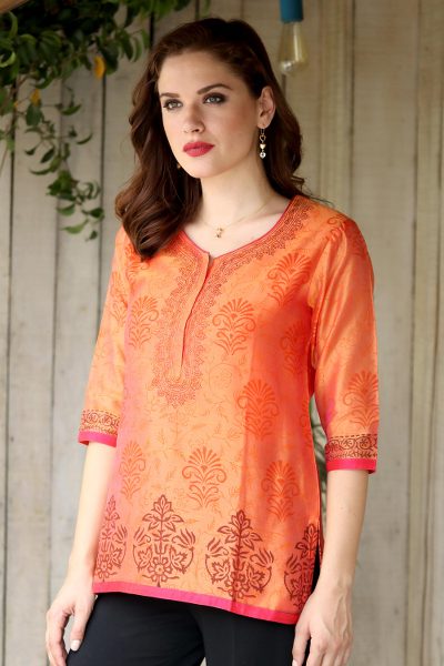 Chanderi cotton silk blend tunic, 'Tangerine Temptress' - Chanderi Tunic Hand Block Printed Cotton Silk Blend