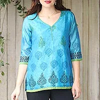 Chanderi cotton silk blend tunic, 'Turquoise Temptress' - Cotton Silk Chanderi Tunic in Turquoise with Block Prints