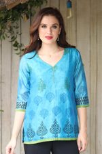 Chanderi cotton silk blend tunic, 'Turquoise Temptress' - Cotton Silk Chanderi Tunic in Turquoise with Block Prints