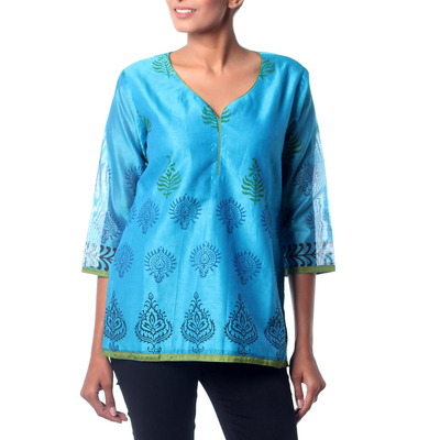 Chanderi cotton silk blend tunic, 'Turquoise Temptress' - Cotton Silk Chanderi Tunic in Turquoise with Block Prints