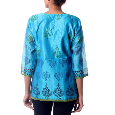 Chanderi cotton silk blend tunic, 'Turquoise Temptress' - Cotton Silk Chanderi Tunic in Turquoise with Block Prints