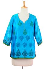 Chanderi cotton silk blend tunic, 'Turquoise Temptress' - Cotton Silk Chanderi Tunic in Turquoise with Block Prints