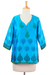 Chanderi cotton silk blend tunic, 'Turquoise Temptress' - Cotton Silk Chanderi Tunic in Turquoise with Block Prints (image 2c) thumbail