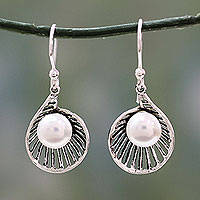 Cultured pearl dangle earrings, 'Oyster Treasure' - Artisan Crafted Pearl and Sterling Silver Earrings