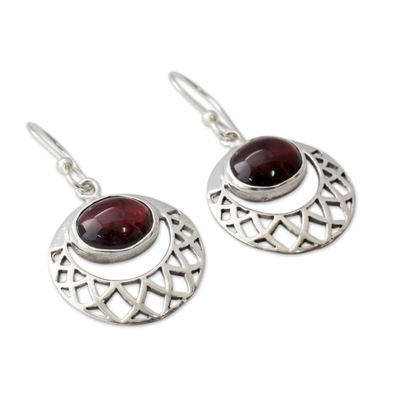 Garnet dangle earrings, 'Web of Hope' - Sterling Silver Jali Earrings with Garnets Crafted by Hand