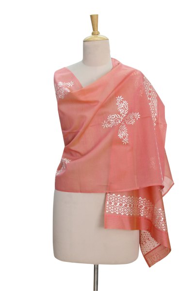Chanderi cotton and silk blend shawl, 'Floral Galaxy' - Silver Block Print on Chanderi Shawl Wrap from India