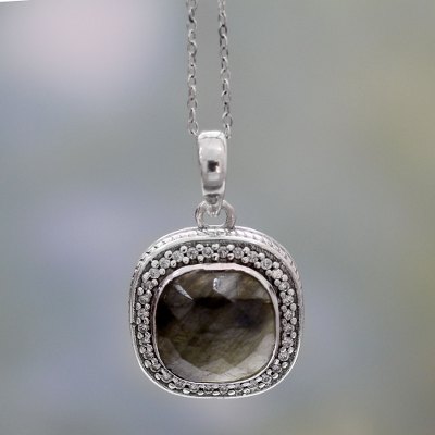 Labradorite pendant necklace, 'Starlight and Mist' - India Artisan Crafted Labradorite CZ Necklace with Silver