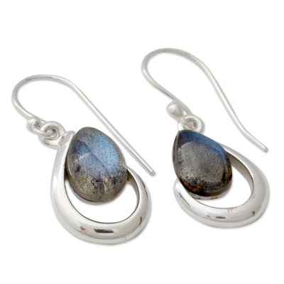 Labradorite dangle earrings, 'Sublime Symmetry' - India Labradorite and Silver Handcrafted Earrings