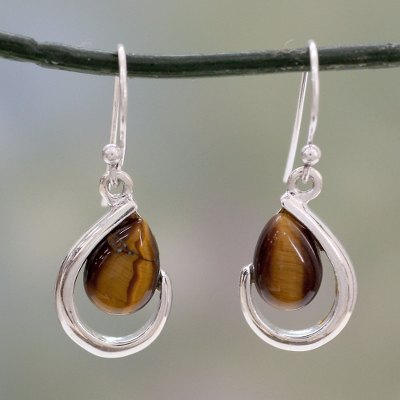 Tiger's eye dangle earrings, 'Sublime Symmetry' - Tiger's Eye Modern Earrings Handcrafted of Silver in India