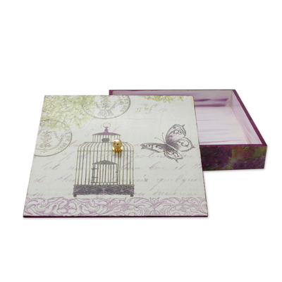 Caja de decoupage, 'Jaula de pájaros y mariposa' - Caja decorativa de decoupage con tema de mariposa