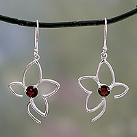 Garnet dangle earrings, 'Sweet Flower' - Handcrafted Sterling Flower Earrings with Garnets