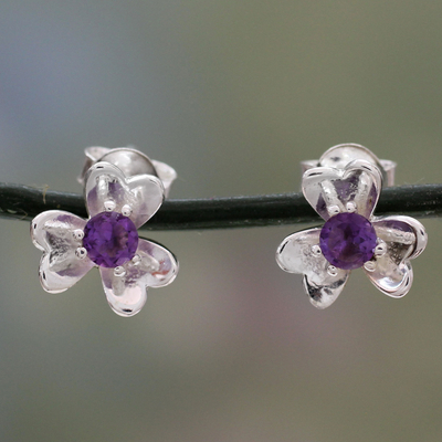 Amethyst button earrings, 'Cradle Lily' - Amethyst centreed Floral Silver Earrings from India
