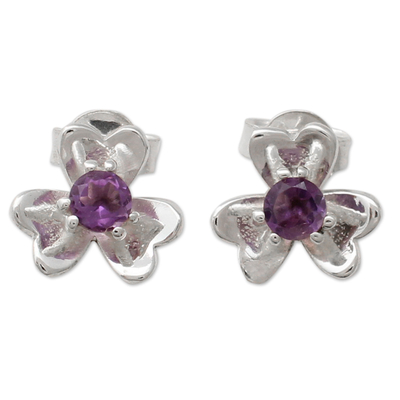 Amethyst Centered Floral Silver Earrings from India