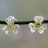 Peridot button earrings, 'Cradle Lily' - Floral Peridot and Silver Button Earrings from India