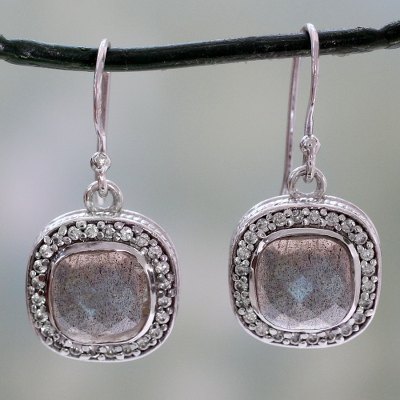 Labradorite dangle earrings, 'Starlight and Mist' - India Artisan Crafted Labradorite CZ Earrings with Silver