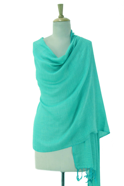 Wool blend shawl, 'Green Diamond Fantasy' - Hemlock Green Shawl Wool Blend Wrap from India