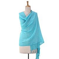 Wool blend shawl, 'Turquoise Diamond Fantasy' - Indian Turquoise Shawl Wool Blend Wrap Diamond Pattern