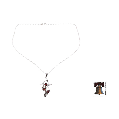 Garnet cross necklace, 'Sacred Trinity' - Garnet and Silver Cross Pendant Necklace from India