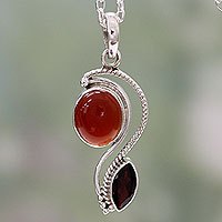 Carnelian and garnet pendant necklace, 'Colorful Curves'