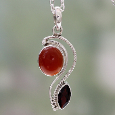 Carnelian and garnet pendant necklace, 'Colorful Curves' - India Modern Handcrafted Carnelian and Garnet Necklace