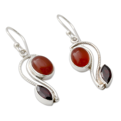 Carnelian and garnet dangle earrings, 'Colorful Curves' - Silver Handcrafted Carnelian and Garnet Earrings from India
