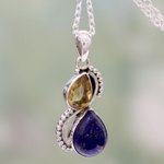 Lapis lazuli and citrine pendant necklace, 'Two Teardrops' - India Silver and Lapis Lazuli Necklace with Faceted Citrine
