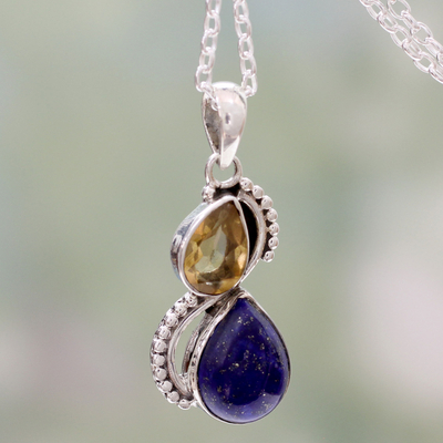 Lapis lazuli and citrine pendant necklace, Two Teardrops