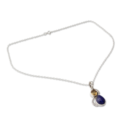 Lapis lazuli and citrine pendant necklace, 'Two Teardrops' - India Silver and Lapis Lazuli Necklace with Faceted Citrine