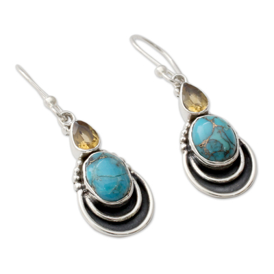 Citrine dangle earrings, 'Eternal Allure' - Silver Hook Earrings with Citrine and Composite Turquoise