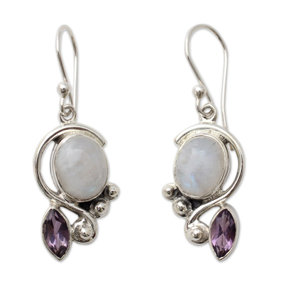 Rainbow moonstone and amethyst dangle earrings, 'Twilight' - Rainbow Moonstone Earrings with Amethyst And Silver