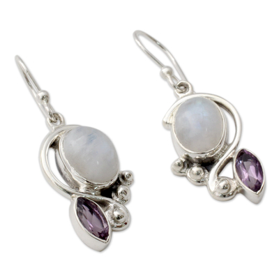 Rainbow moonstone and amethyst dangle earrings, 'Twilight' - Rainbow Moonstone Earrings with Amethyst And Silver