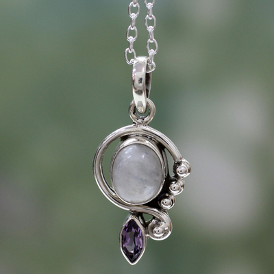 Rainbow moonstone and amethyst pendant necklace, 'Yours Forever' - Rainbow Moonstone Handcrafted Amethyst Silver Necklace