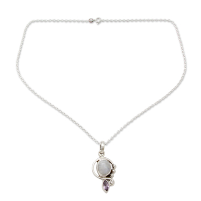 Rainbow moonstone and amethyst pendant necklace, 'Yours Forever' - Rainbow Moonstone Handcrafted Amethyst Silver Necklace
