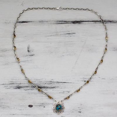 Citrine pendant necklace, 'Golden Sky Halo' - India Silver and Citrine Necklace with Composite Turquoise