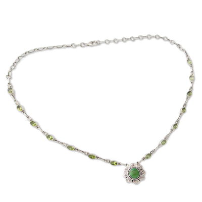 Peridot pendant necklace, 'Woodland Halo' - Peridot and Silver 925 Necklace with Composite Turquoise