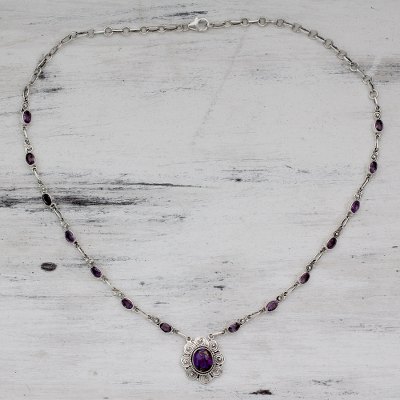 Amethyst pendant necklace, 'Purple Halo' - India Amethyst an Silver Necklace with Composite Turquoise