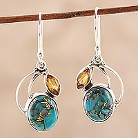 Composite Turquoise and Citrine Silver Dangle Earrings,'Modern Mystique'